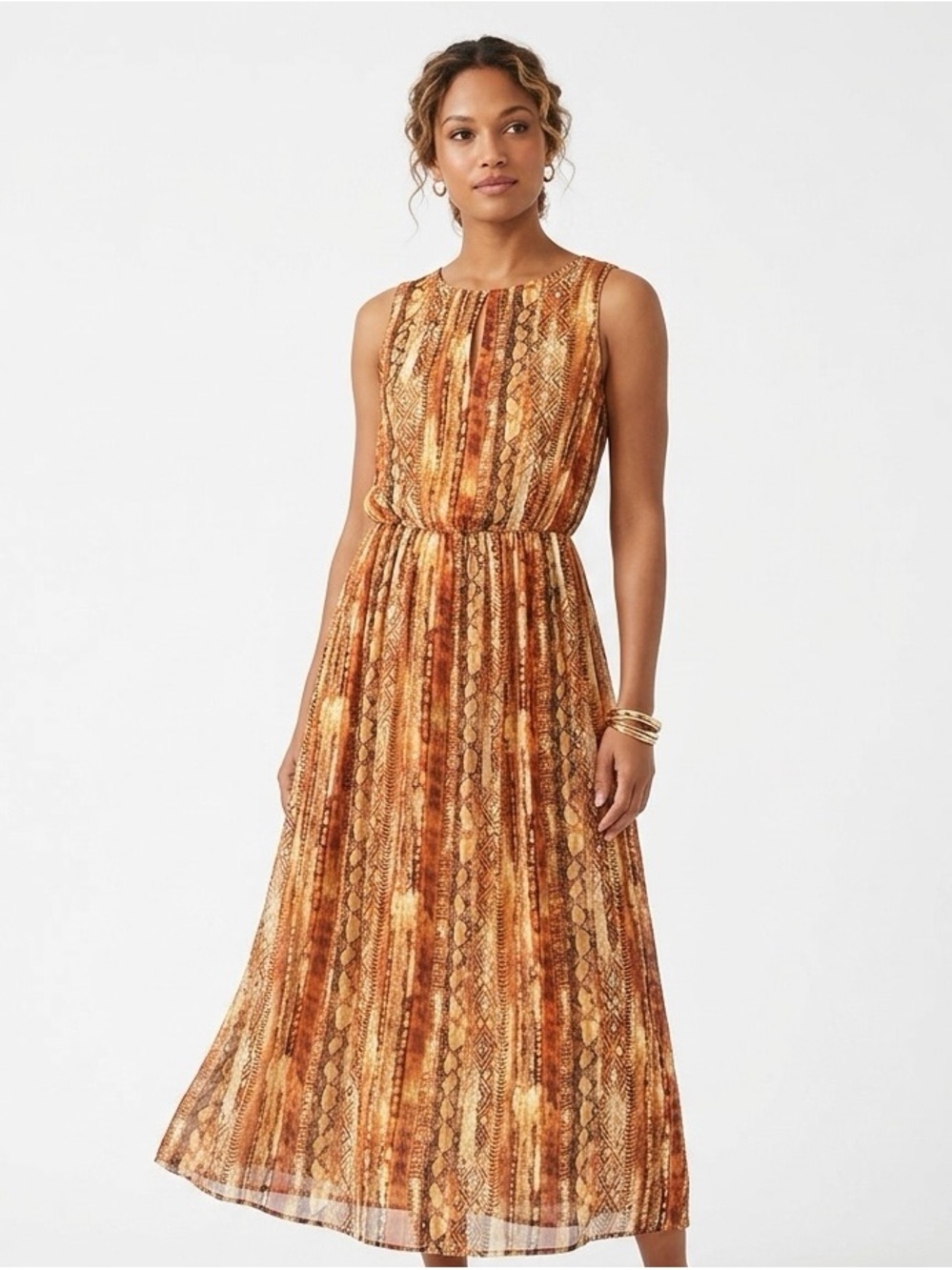 Peter Nygard Sleeveless Maxi Dress in Brown & Tan Snake-Print